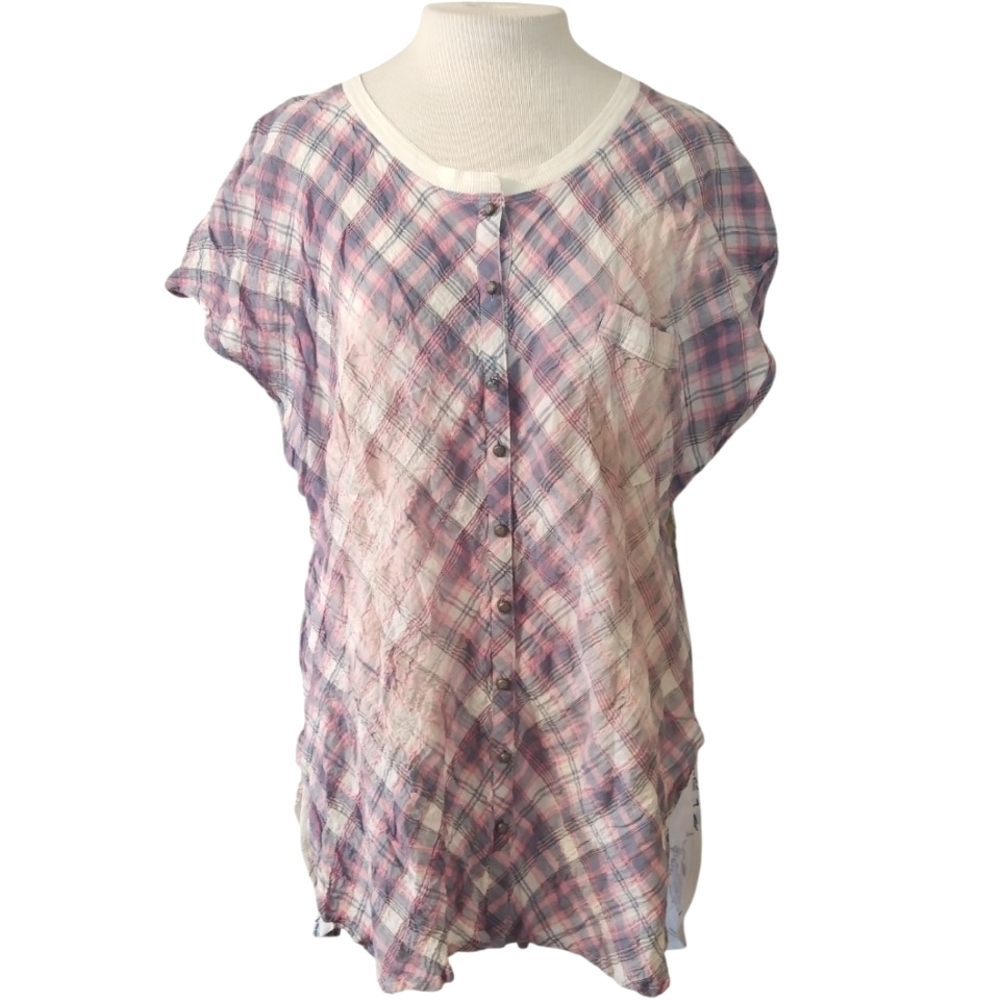 Aratta Silent Gourney Floral Plaid Artsy Button Down Shirt Size Large